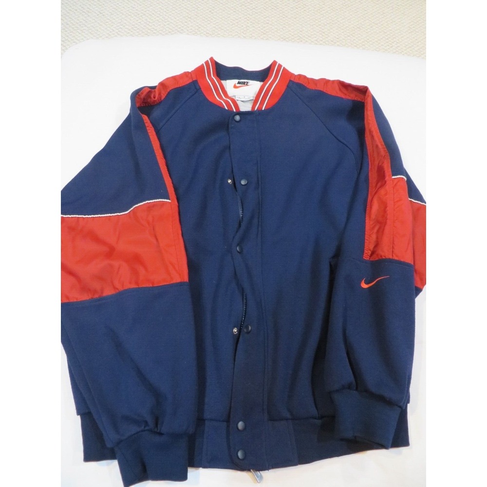 Vtg NIKE Embroidered Swoosh Full Zip Snap Varsity Jacket‎ 90s Blue Red L Track